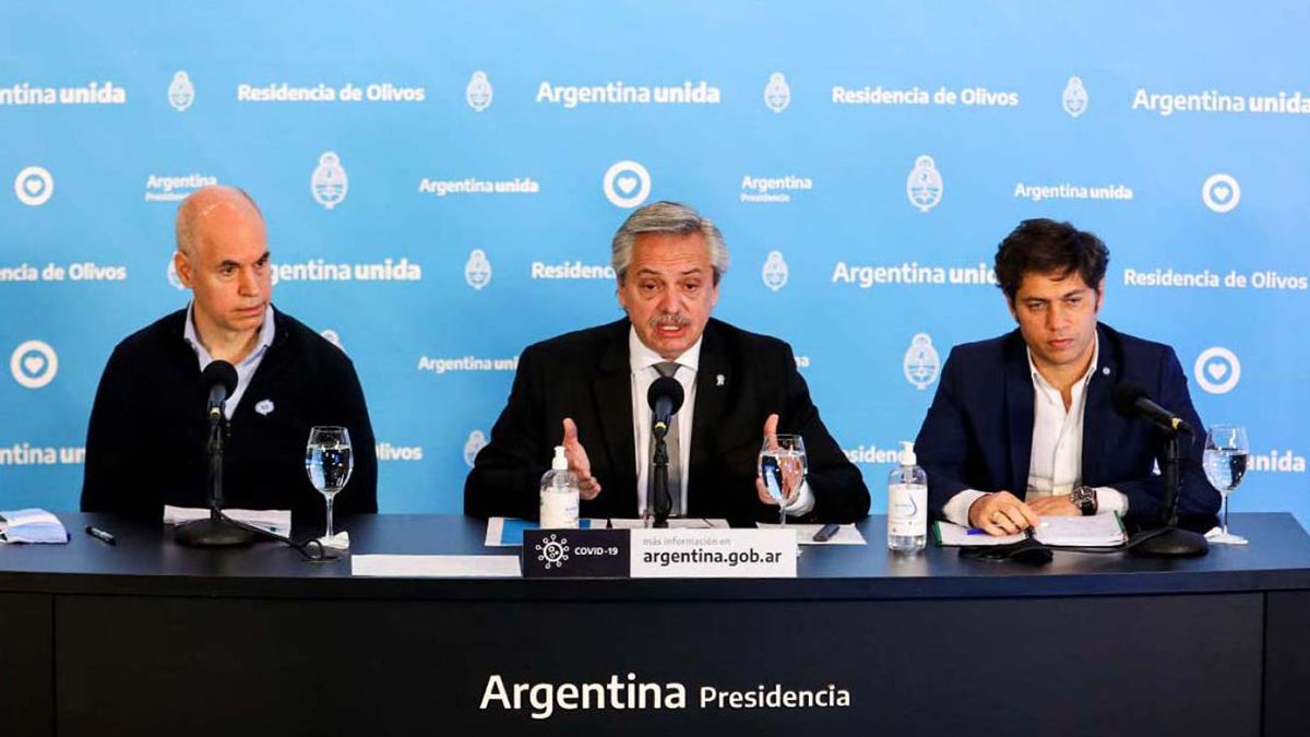 El jefe de Gobierno porteño, Horacio Rodríguez Larreta, el presidente Alberto Fernández y el gobernador de Buenos Aires, Axel Kicillof.