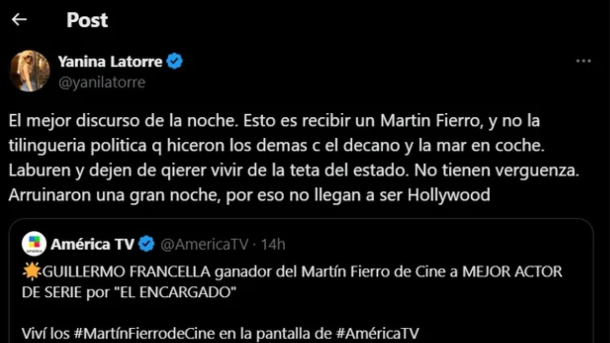 Yanina Latorre opinó tras escuchar los discursos en la entrega de los Martín Fierro de Cine. Yanina Latorre opinó tras escuchar los discursos en la entrega de los Martín Fierro de Cine.