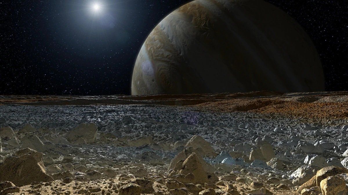 Una ilustración de cómo se vería si estuvieras en la superficie congelada de Europa. Crédito de imagen: NASA/JPL-Caltech