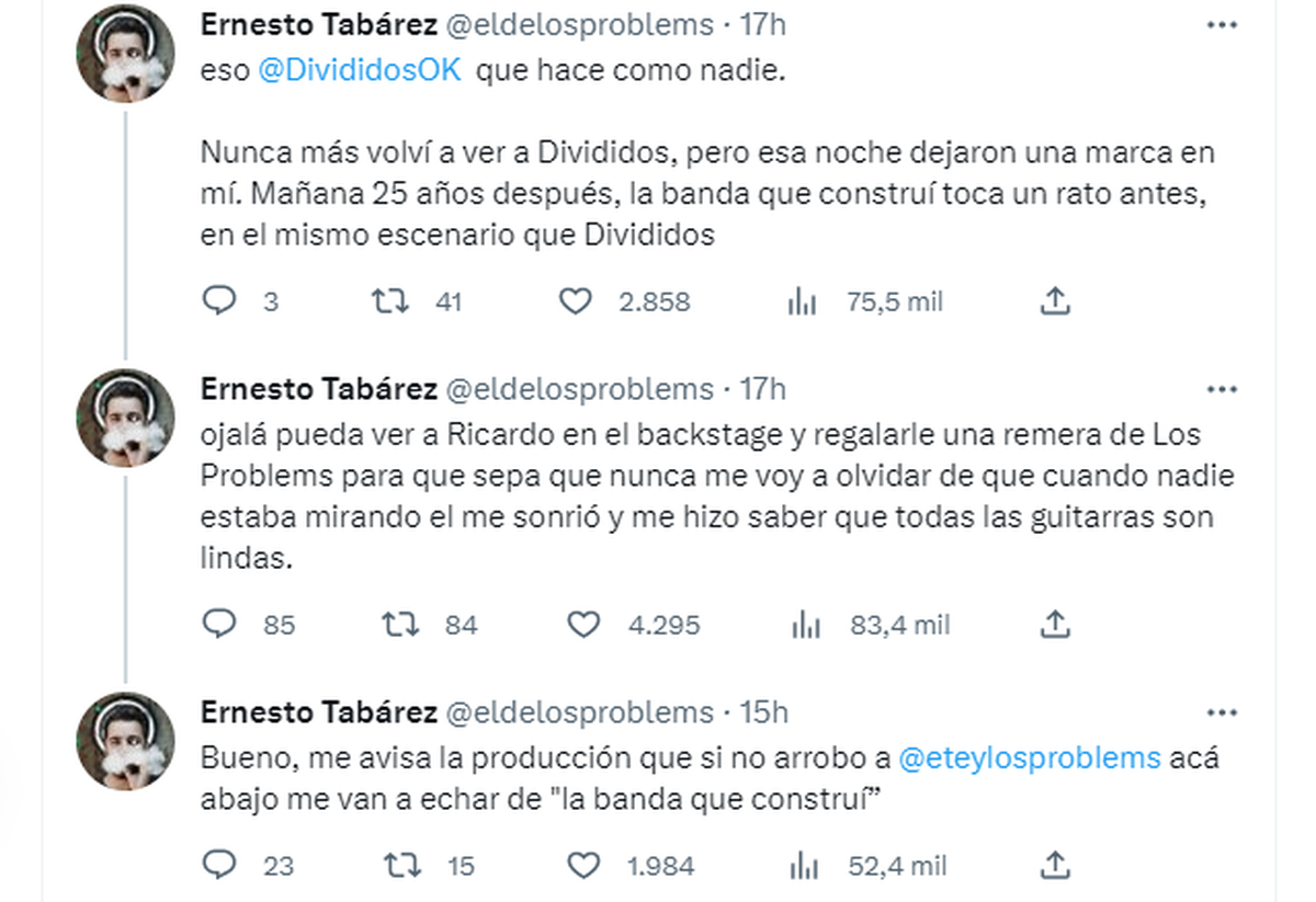 Captura del tuit donde Ernesto Tabárez, un músico uruguayo narra cómo conoció a Ricardo Mollo.