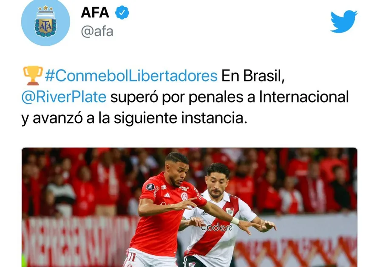 El tweet de la AFA felicitando a River. El tweet de la AFA felicitando a River.