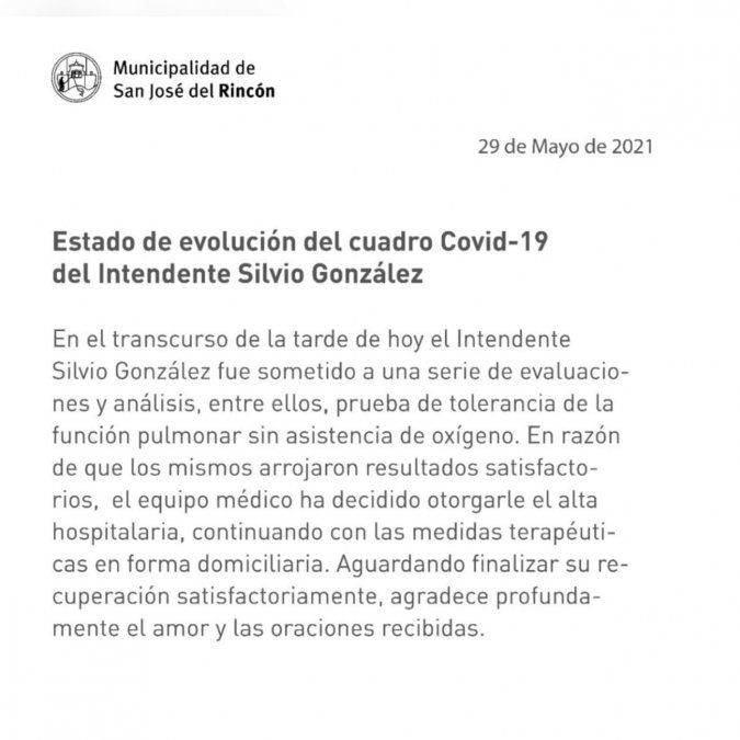 El parte médico sobre la salud del intendente de Rincón de este sábado 29 de mayo.