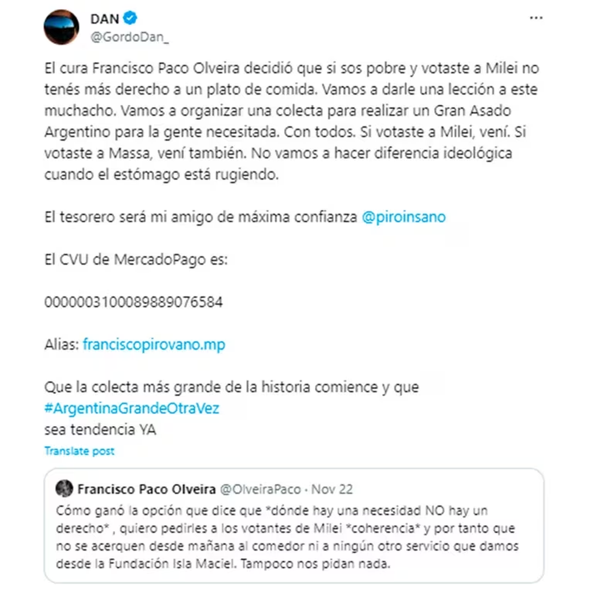 Marcos Galperin, fundador de Mercado Libre, se sumó a una colecta para organizar un asado solidario para los pobres que votaron a Javier Milei. Marcos Galperin, fundador de Mercado Libre, se sumó a una colecta para organizar un asado solidario para los pobres que votaron a Javier Milei.