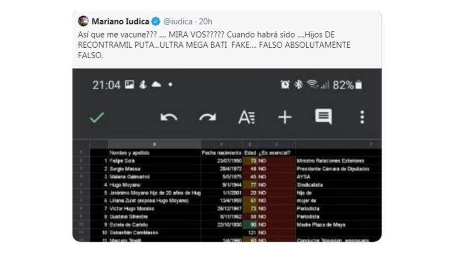 El tuit de Mariano Iúdica por la lista falsa de vacunados VIP 
