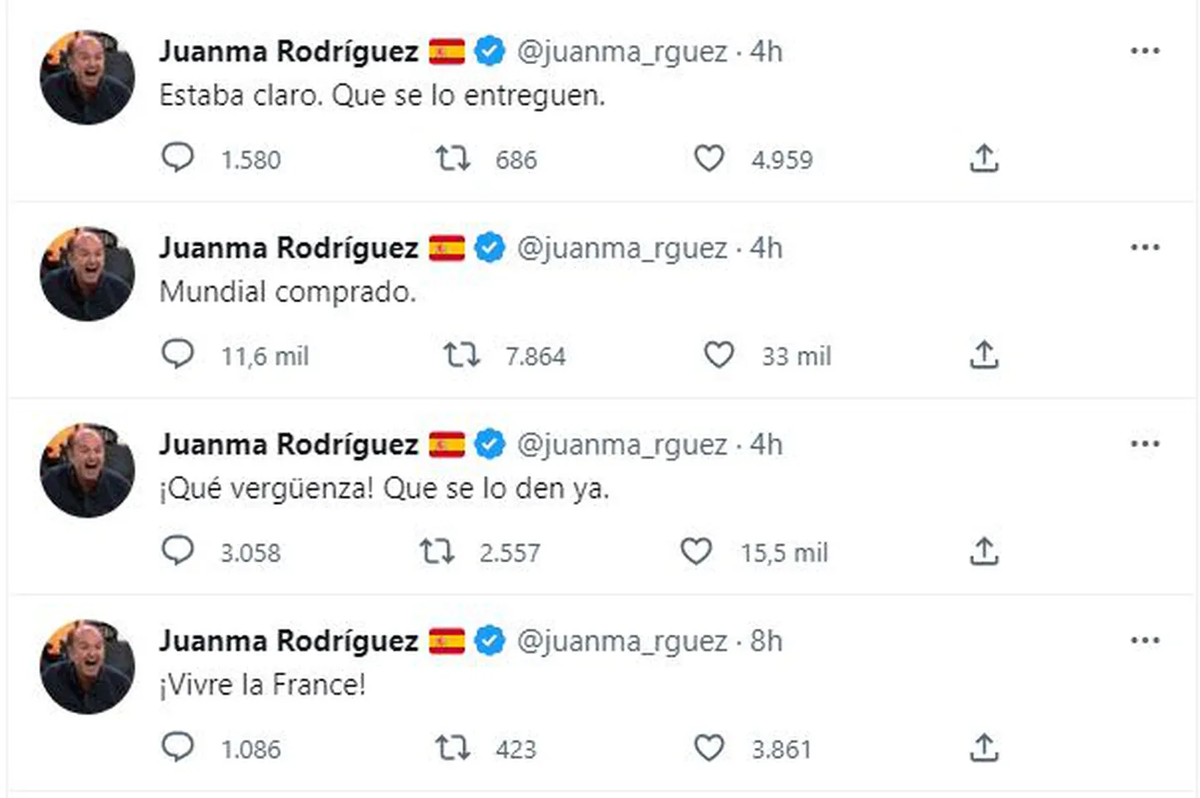 Captura de los tuits de Juanma Rodríguez en medio del partido final del Mundial Qatar 2022.