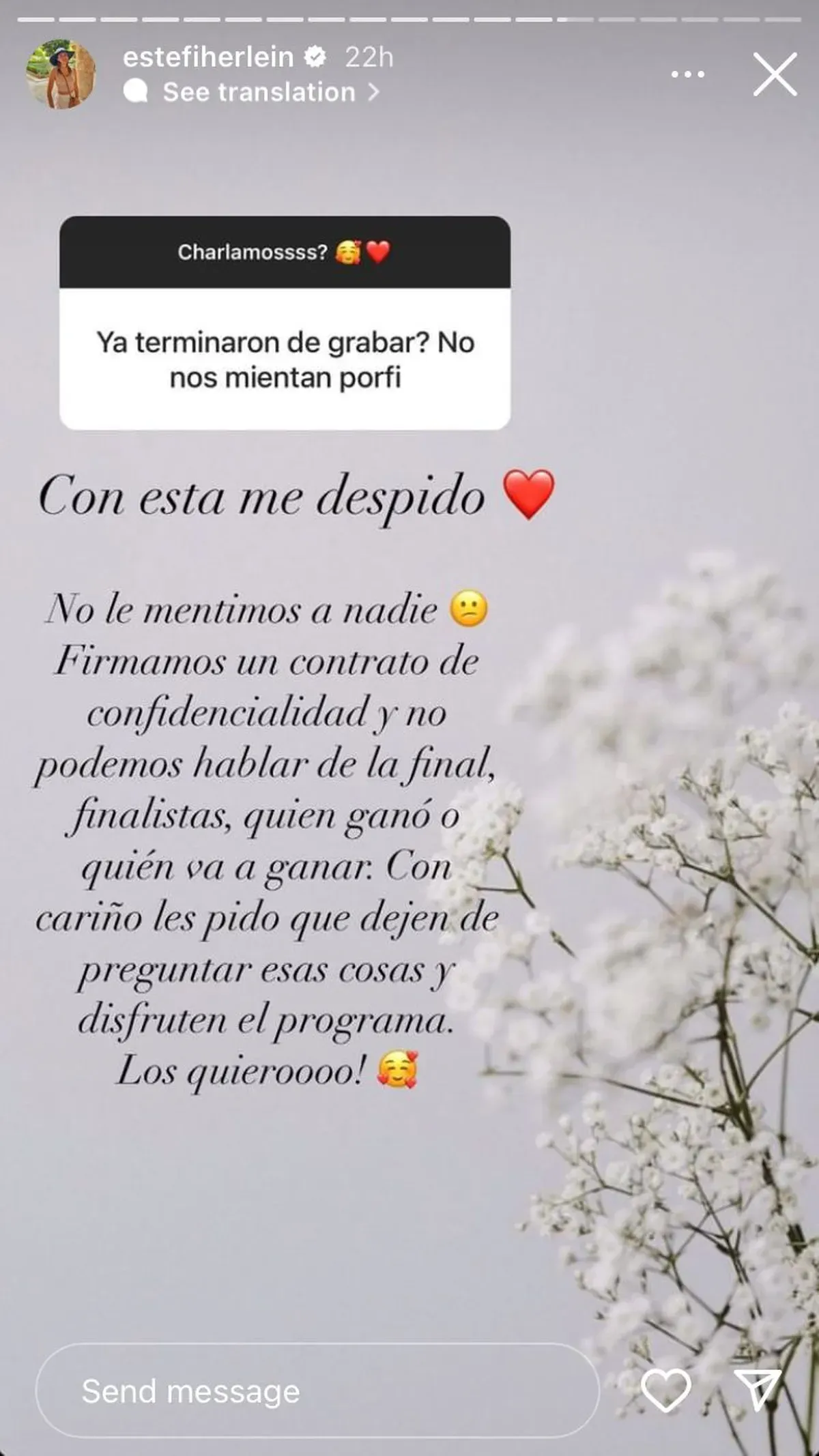 Estefanía Herlein se cansó de que le pregunten sobre la final de MasterChef. Estefanía Herlein se cansó de que le pregunten sobre la final de MasterChef.