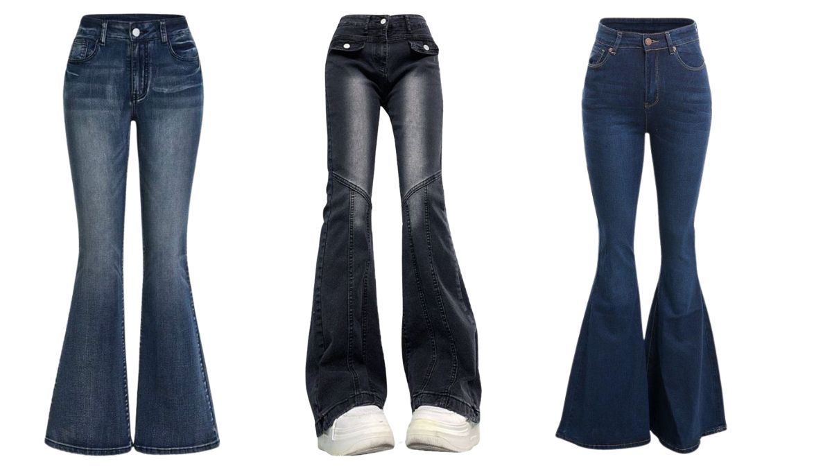 Los jeans acampanados se ensancha a partir de la rodilla. Los jeans acampanados se ensancha a partir de la rodilla.