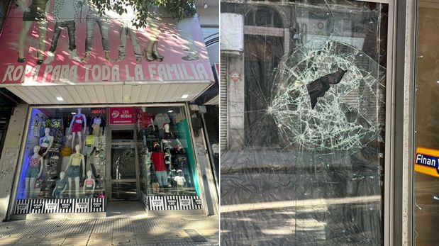 La vidriera destrozada del local de calle Mendoza al 2600, en pleno microcentro santafesino, tras la tentativa de robo durante la madrugada del feriado.