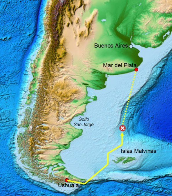 Mapa con la ruta seguida por el ARA San Juan hasta el punto de su hundimiento