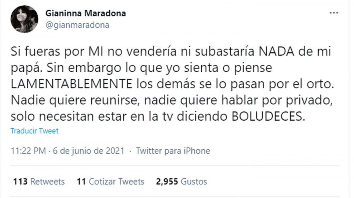 El enojo de Gianinna por la subasta de bienes de Diego Maradona.