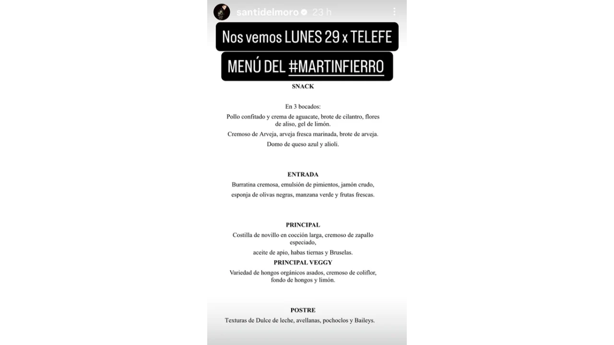 El menú exclusivo para los Premios Martín Fierro 2025 incluye delicias como pollo confitado, burratina cremosa y costilla de novillo, con un dulce final de dulce de leche y Baileys.
