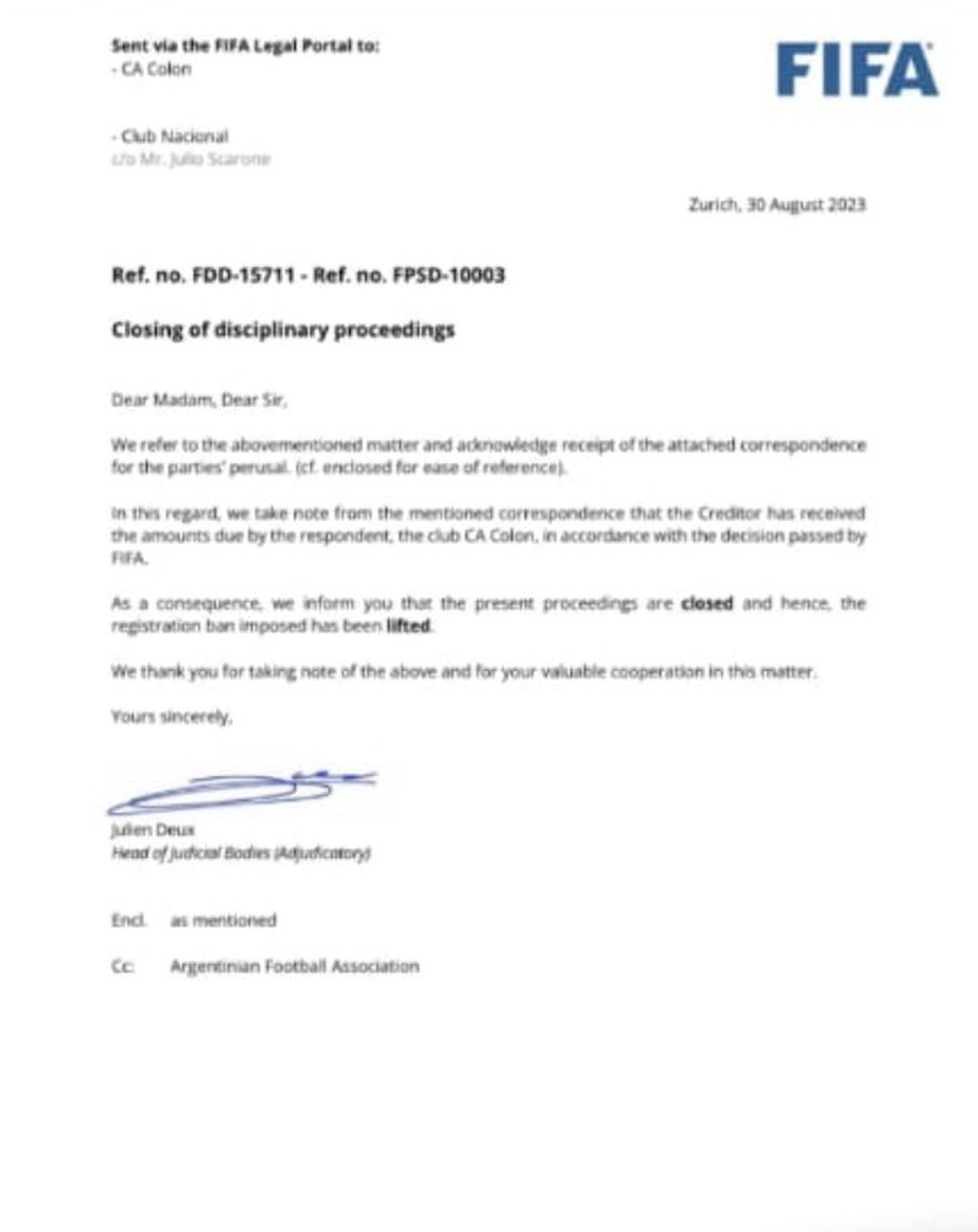 El documento de la FIFA donde confirma que Colón saldó la deuda con Nacional de Paraguay. El documento de la FIFA donde confirma que Colón saldó la deuda con Nacional de Paraguay.