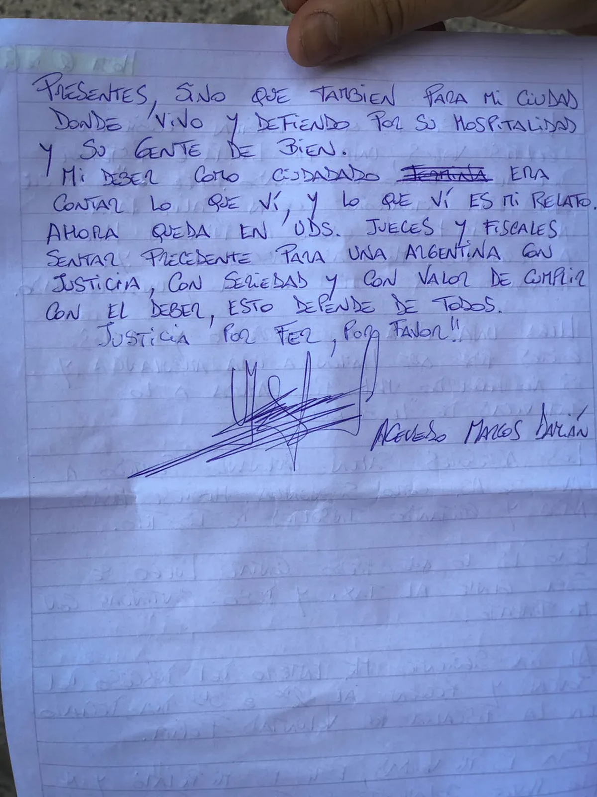 La carta tiene cuatro páginas y fue escriba por Marcos Acevedo, a las que tuvo acceso Télam.