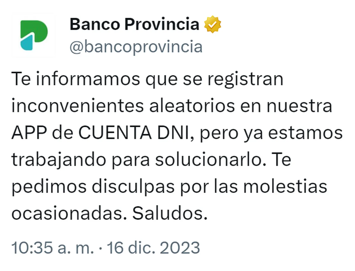 Cuenta DNI: el comunicado de Banco Provincia ante las fallas en el sistema. Cuenta DNI: el comunicado de Banco Provincia ante las fallas en el sistema.