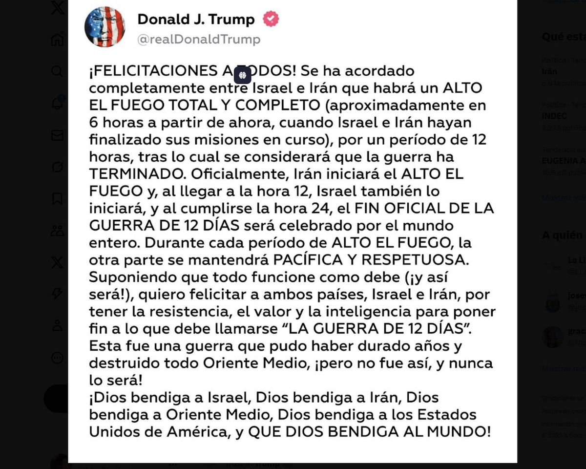 En un extenso mensaje en su red Truth Social, Trump explicó que la primera etapa de la tregua será iniciada por Irán. En un extenso mensaje en su red Truth Social, Trump explicó que la primera etapa de la tregua será iniciada por Irán.