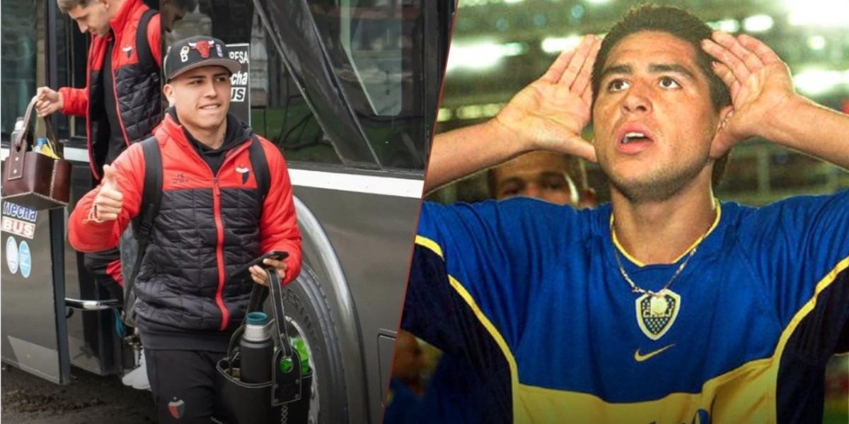 Juan Román Riquelme atento a todo lo que llega desde Colón por Facundo Farías.