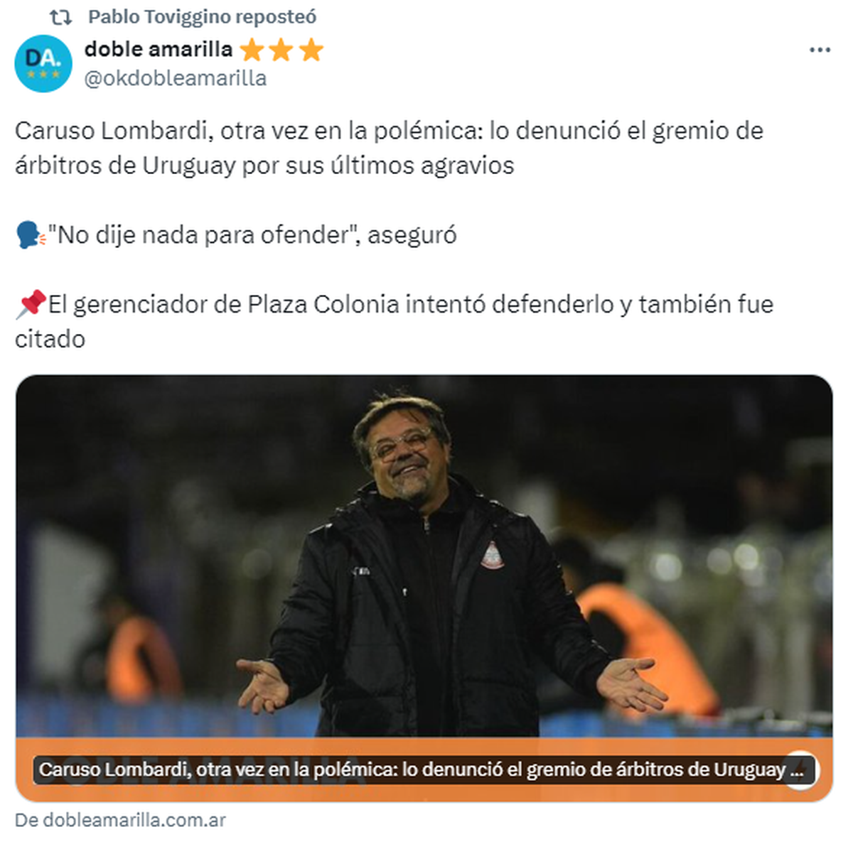 El posteo que dio RT Pablo Toviggino y apunta contra Ricardo Caruso Lombardi. El posteo que dio RT Pablo Toviggino y apunta contra Ricardo Caruso Lombardi.