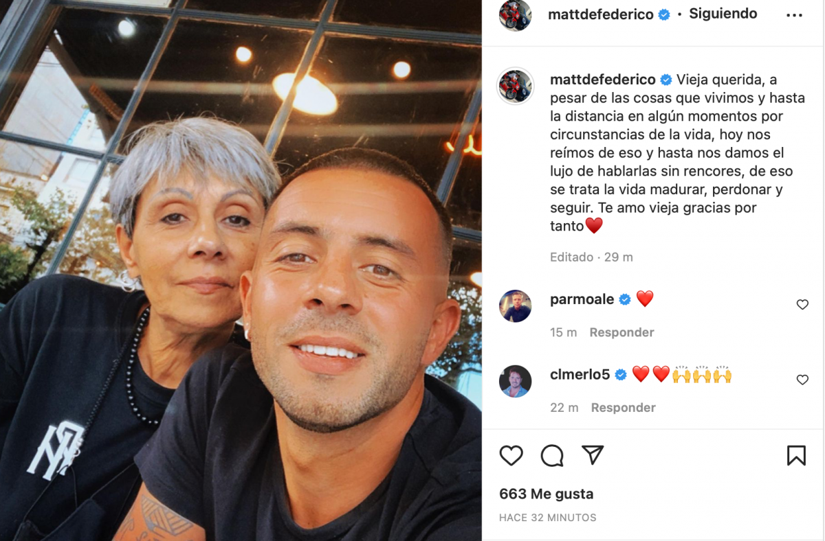 Ana Frascino junto a su hijo, Matías Defederico, en una publicación de Instagram que el exfutbolista compartió tiempo atrás.