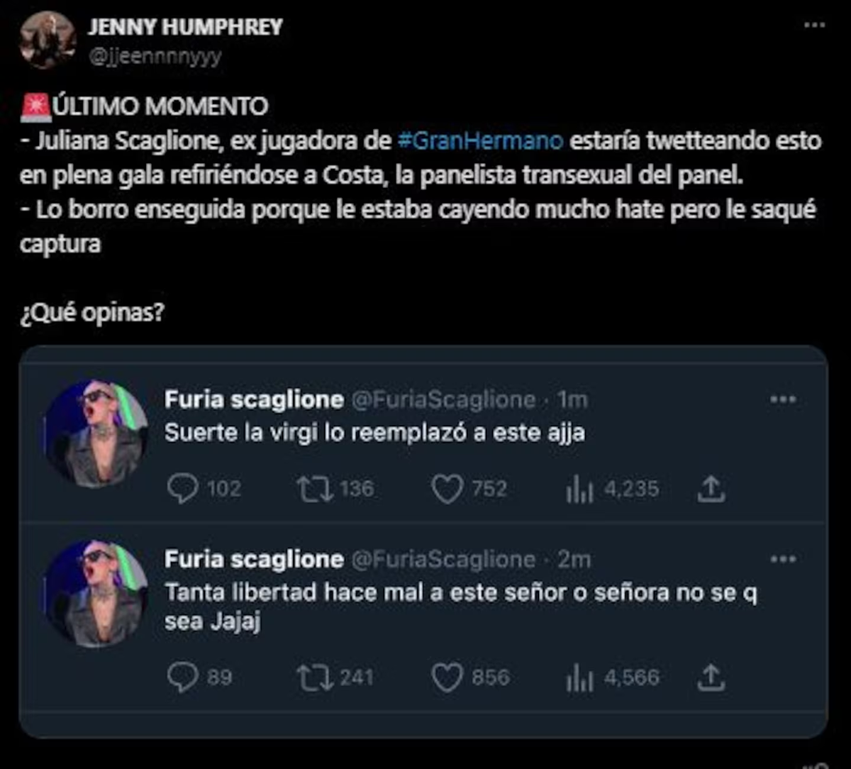 Las capturas de las publicaciones de Juliana "Furia" Scaglione. Las capturas de las publicaciones de Juliana "Furia" Scaglione.