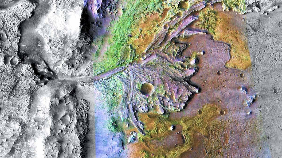 Cráter Jezero. La imagen fue tomada por instrumentos en el Mars Reconnaissance Orbiter de la Nasa, que captura regularmente sitios potenciales de aterrizaje para futuras misiones.