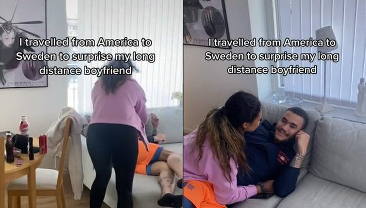 Mujer viajó más de 5,000 millas para sorprender a su pareja, pero él al verla no estaba tan entusiasmado. (Captura TikTok @laurynmapusua)