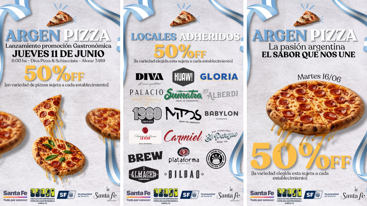 La iniciativa Argen Pizza se lanzará oficialmente el 11 de junio en Santa Fe, pero la jornada promocional con 50% de descuento en pizzas seleccionadas será el martes 16 de junio en bares y restaurantes adheridos. La iniciativa Argen Pizza se lanzará oficialmente el 11 de junio en Santa Fe, pero la jornada promocional con 50% de descuento en pizzas seleccionadas será el martes 16 de junio en bares y restaurantes adheridos.
