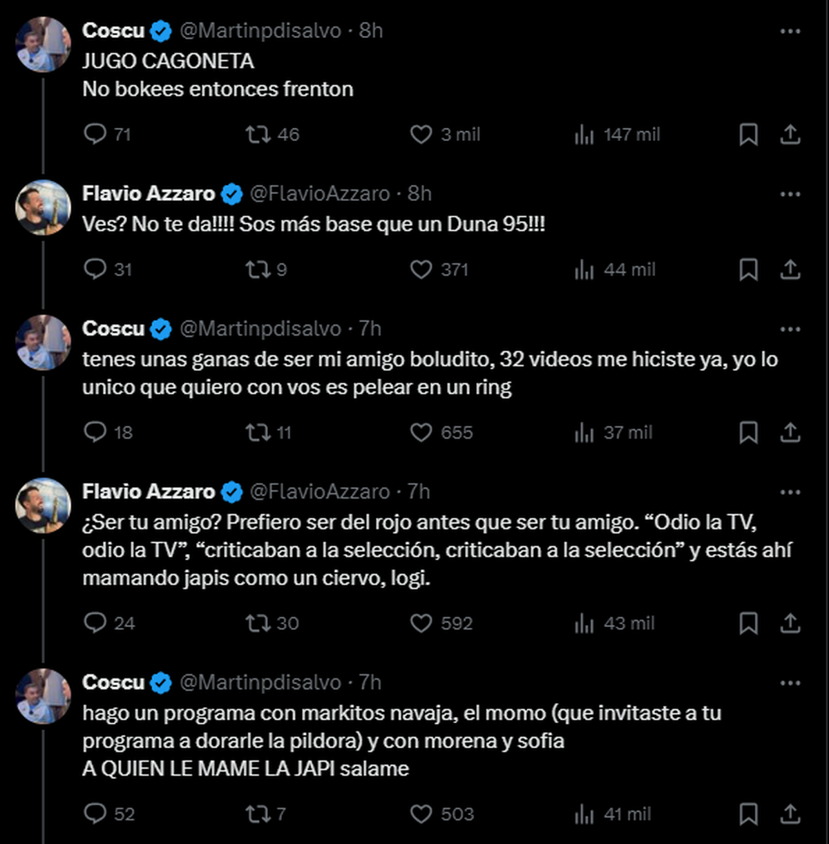 Coscu y Flavio Azzaro se dijeron de todo en X (ex Twitter). Coscu y Flavio Azzaro se dijeron de todo en X (ex Twitter).
