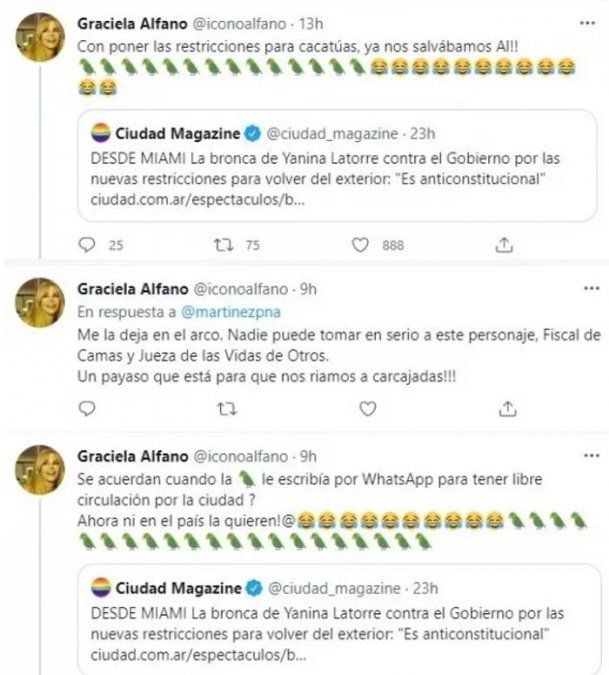 Los durísimos tweets de Graciela Alfano contra Yanina Latorre.