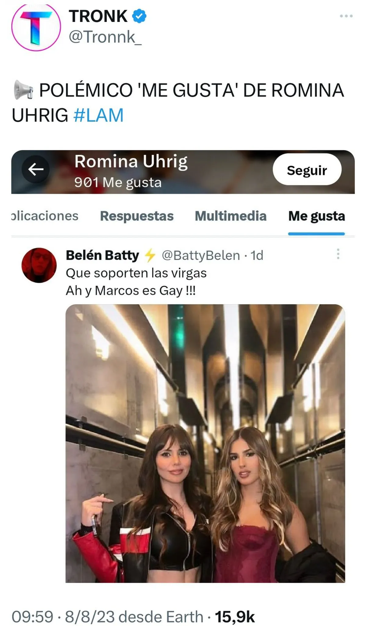 El polémico "me gusta" de Romina Uhrig en redes. El polémico "me gusta" de Romina Uhrig en redes.