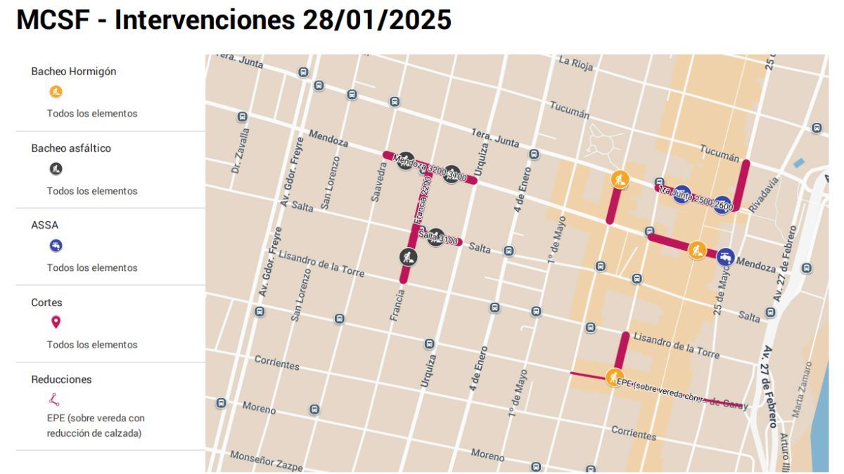 Mapa de intervenciones en el microcentro de la ciudad de Santa Fe.