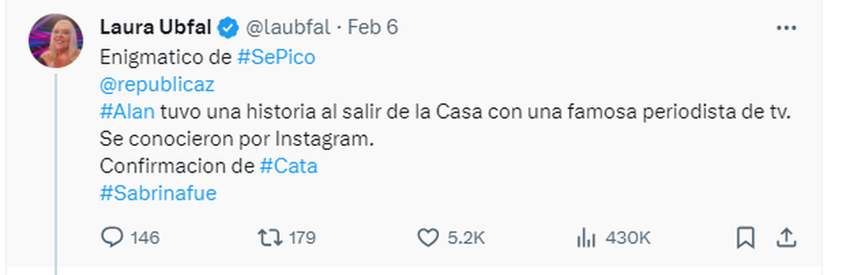 Laura Ubfal aseguró que Alan tuvo un encuentro con una periodista, lejos de Sabrina. Laura Ubfal aseguró que Alan tuvo un encuentro con una periodista, lejos de Sabrina.