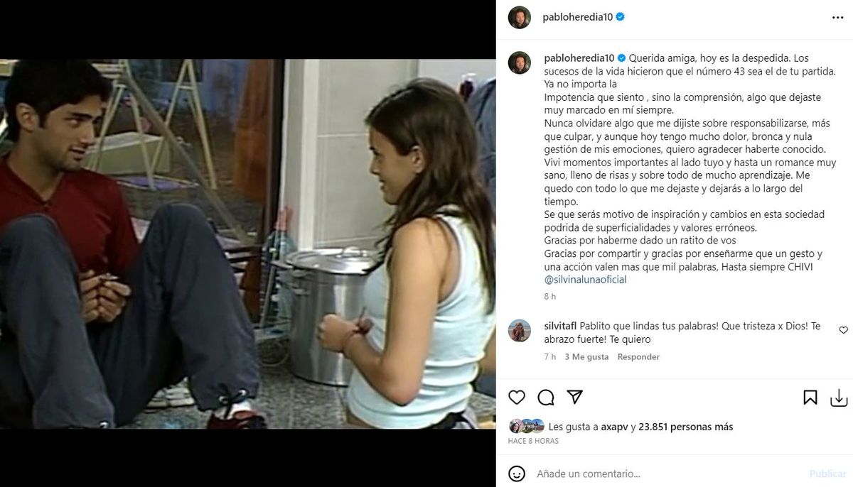 El posteo con el que Pablo Heredia despidió a Silvina Luna. El posteo con el que Pablo Heredia despidió a Silvina Luna.