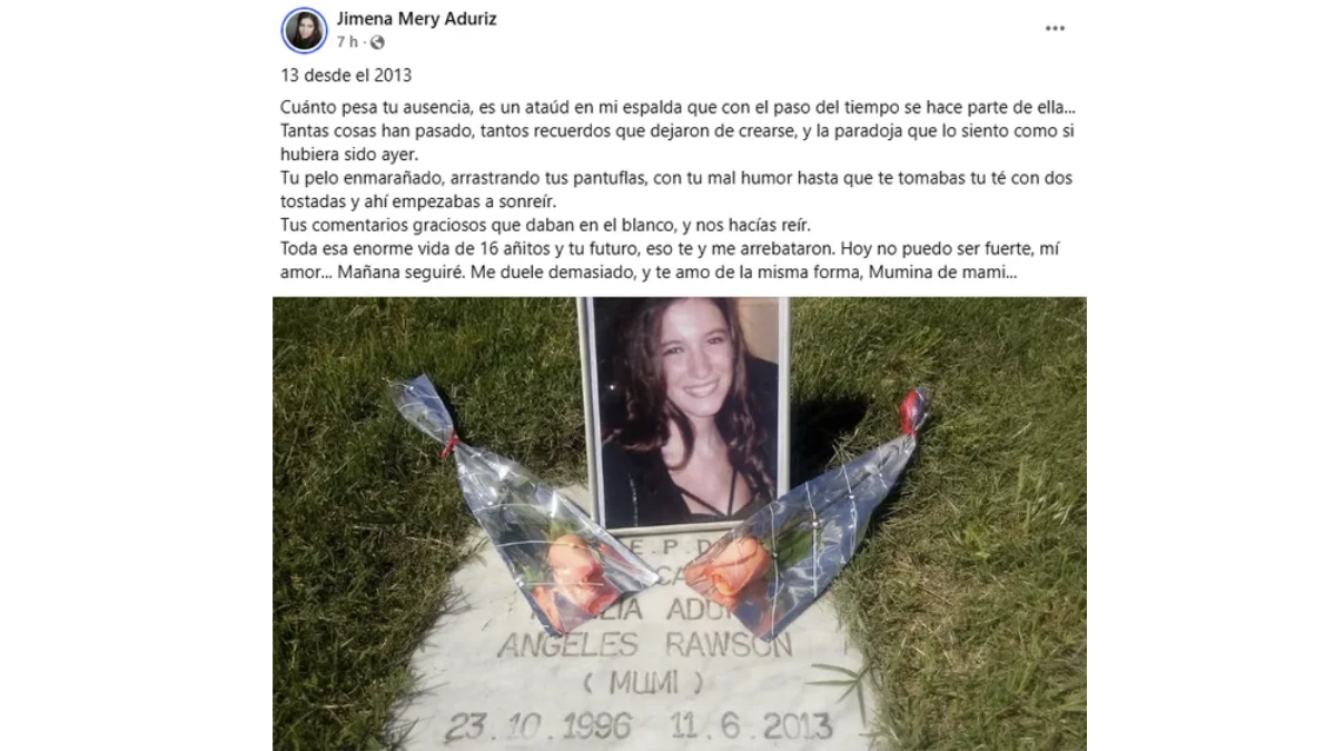 A 13 años del femicidio de Ángeles Rawson, la conmovedora carta de su madre: "Cuánto pesa tu ausencia" A 13 años del femicidio de Ángeles Rawson, la conmovedora carta de su madre: "Cuánto pesa tu ausencia"