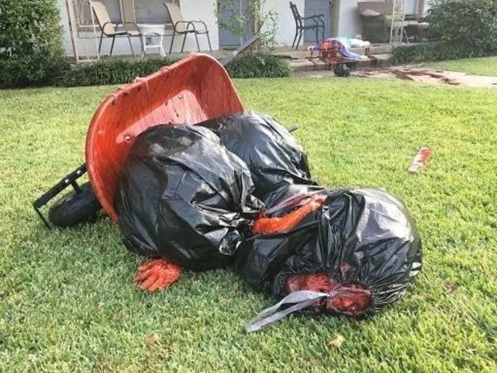 Decoración. Un "cadáver" en una bolsa. Foto: Facebook "StevenAllen Novak" (Steve Novak). 