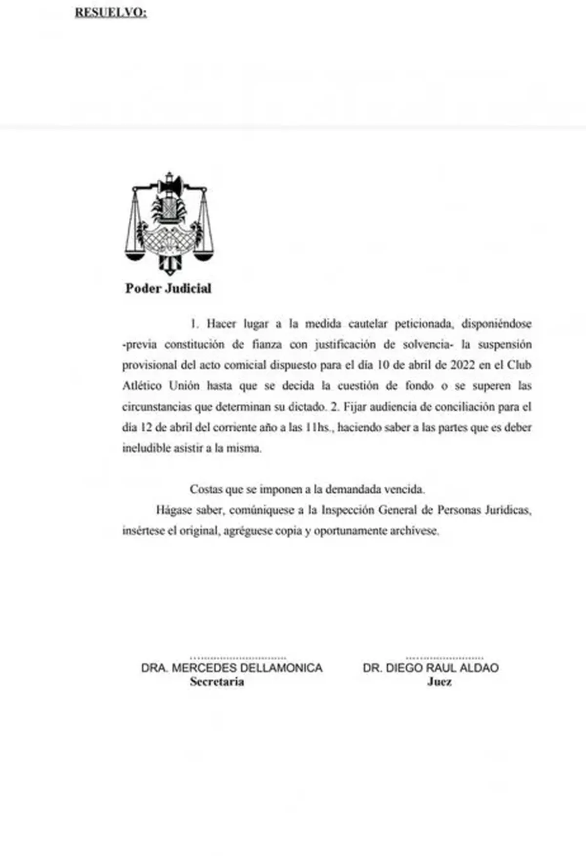 El fallo del juez Aldao que suspendía las elecciones en Unión hasta nuevo aviso.