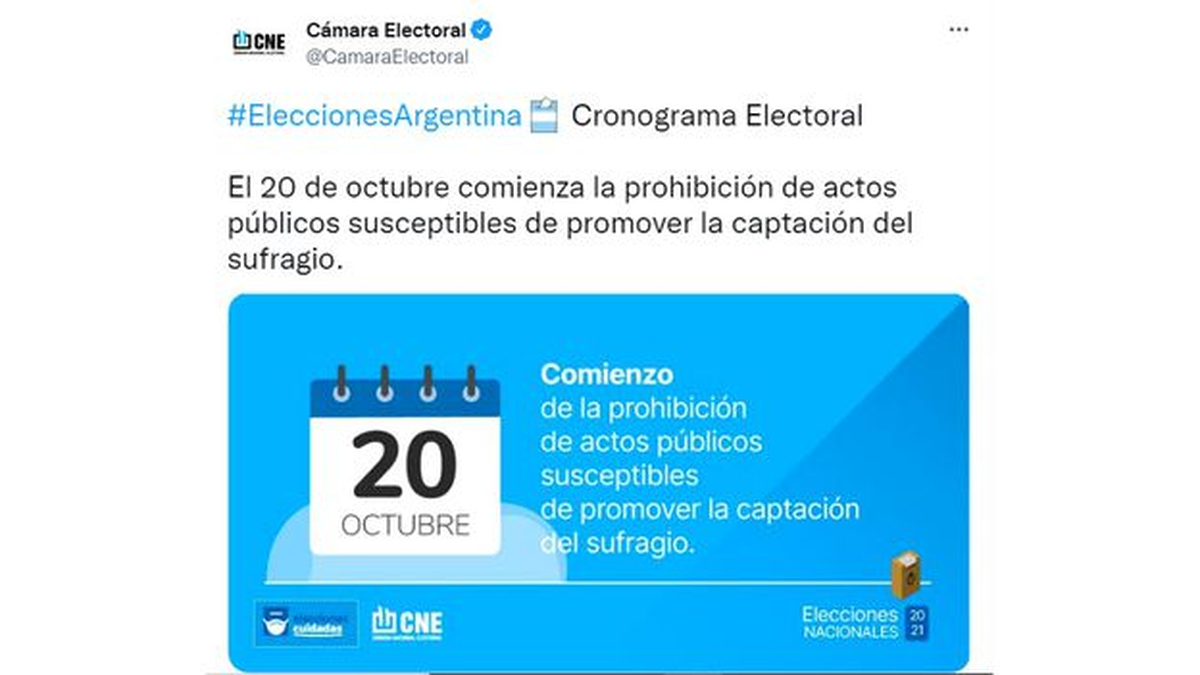 El tuit de la Cámara Electoral que informa que, desde este miércoles, quedan prohibidos los actos de campaña por las elecciones legislativas.