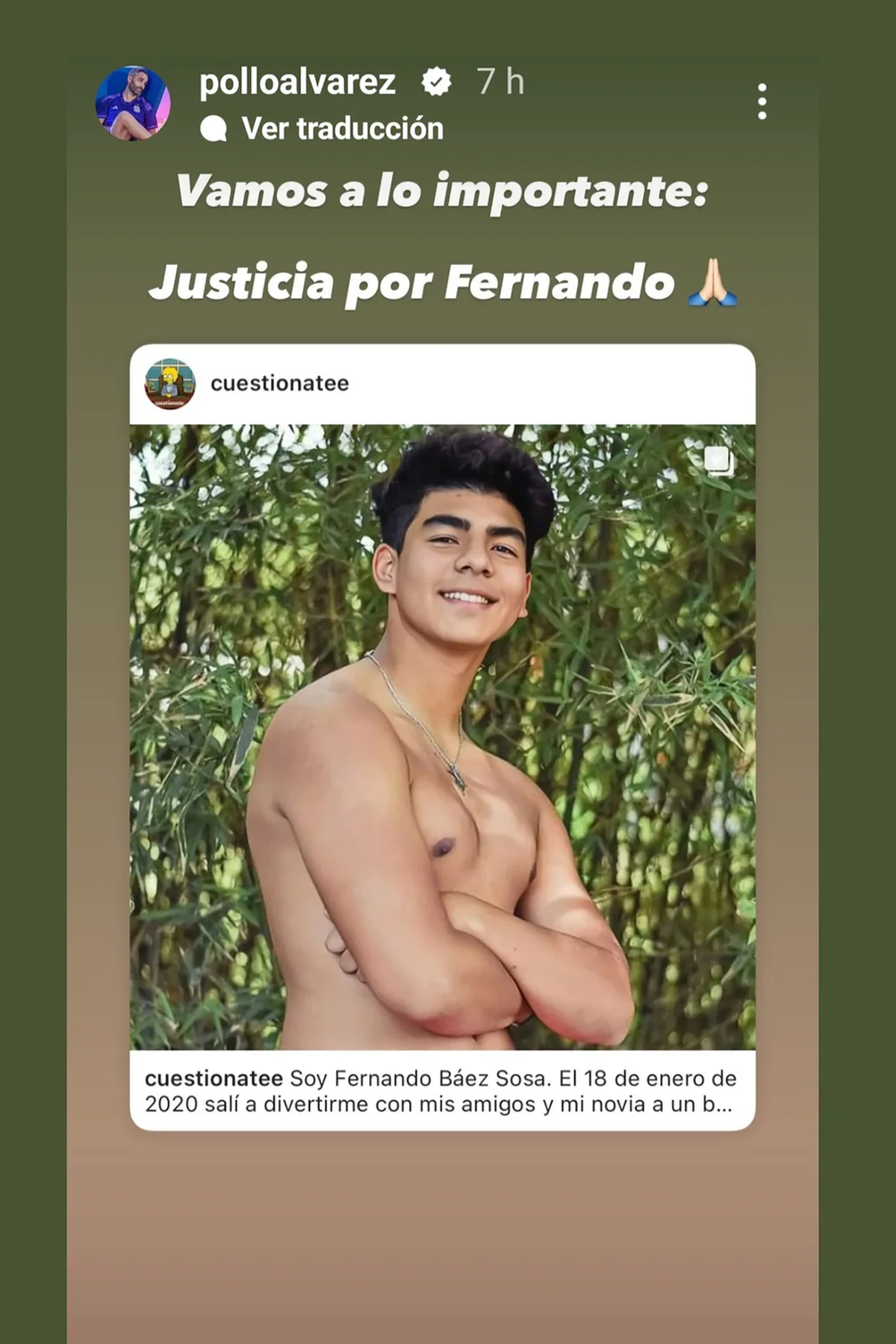 Captura de pantalla del reposteo del Pollo Álvarez en Instagram como pedido de justicia.