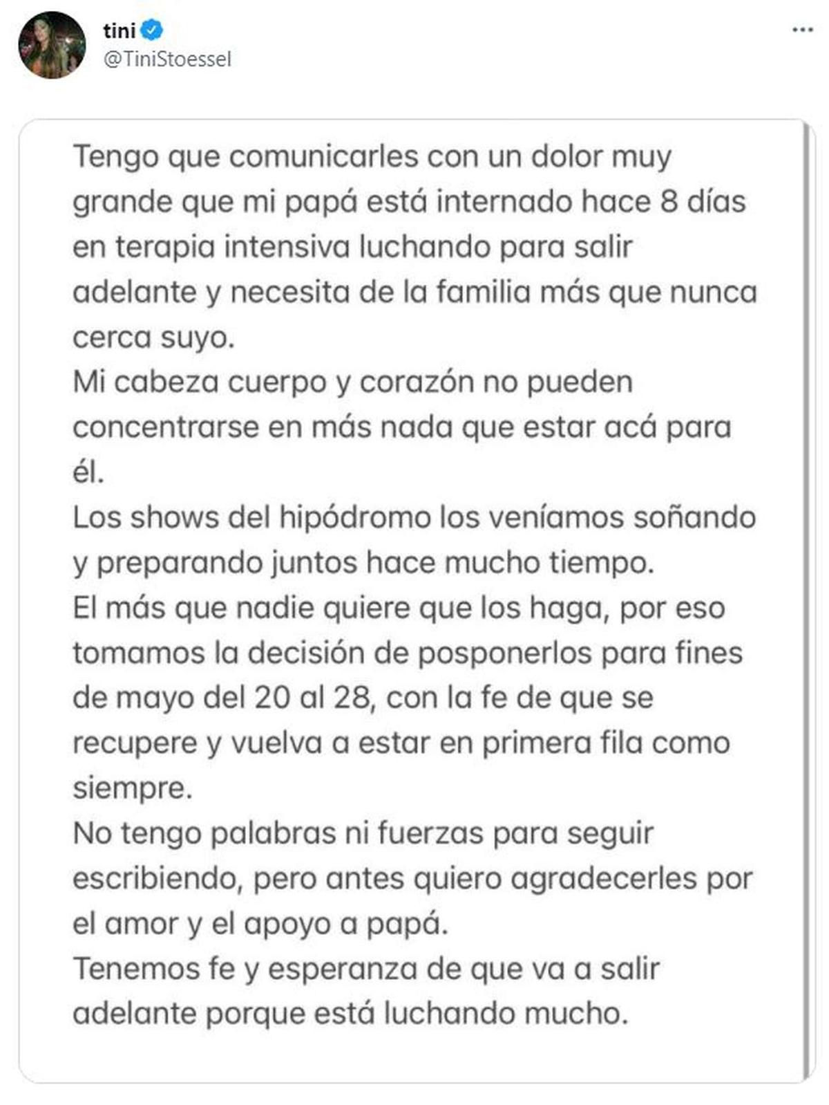 El mensaje de Tini Stoessel en redes sociales.&nbsp;