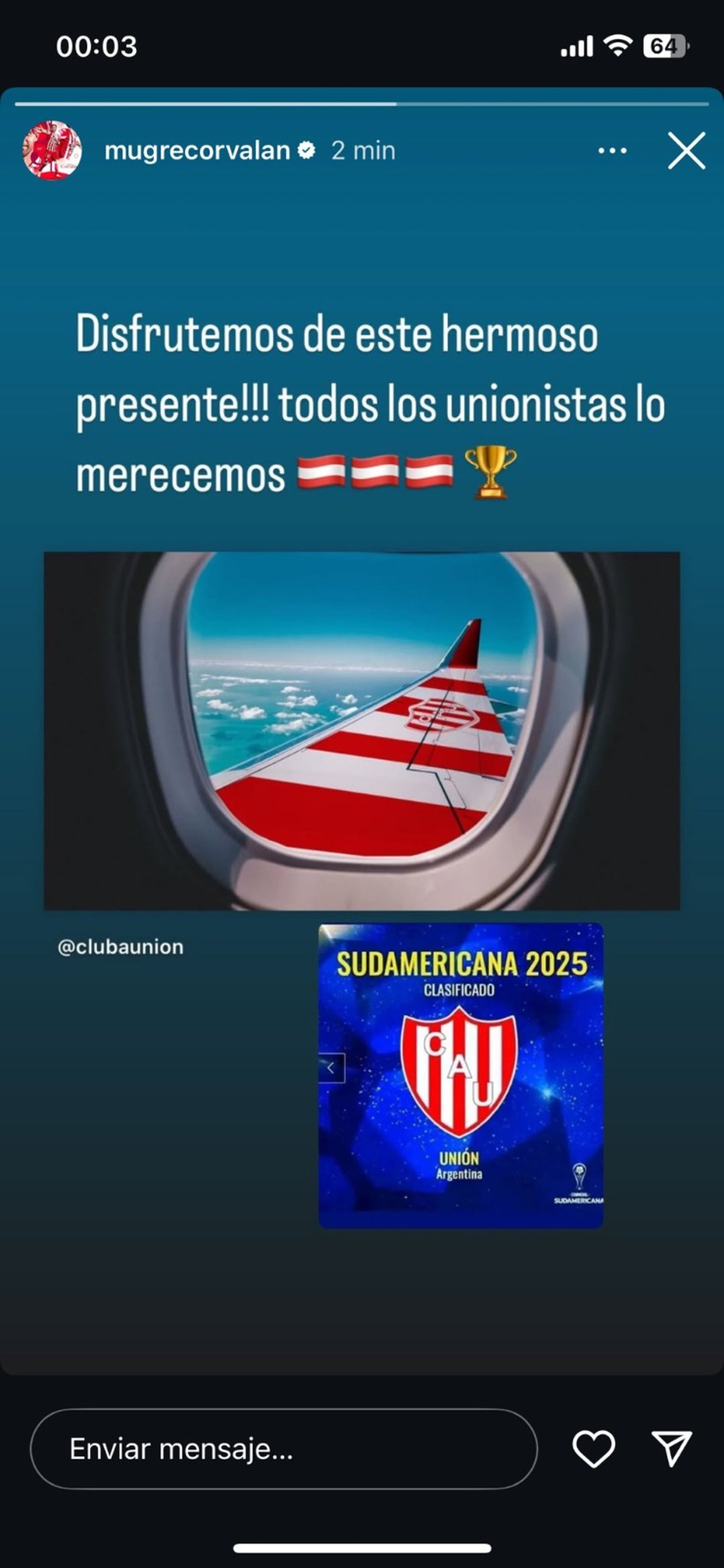 La historia que publicó Claudio Corvalán tras la clasificación de Unión a la Copa Sudamericana 2025. La historia que publicó Claudio Corvalán tras la clasificación de Unión a la Copa Sudamericana 2025.
