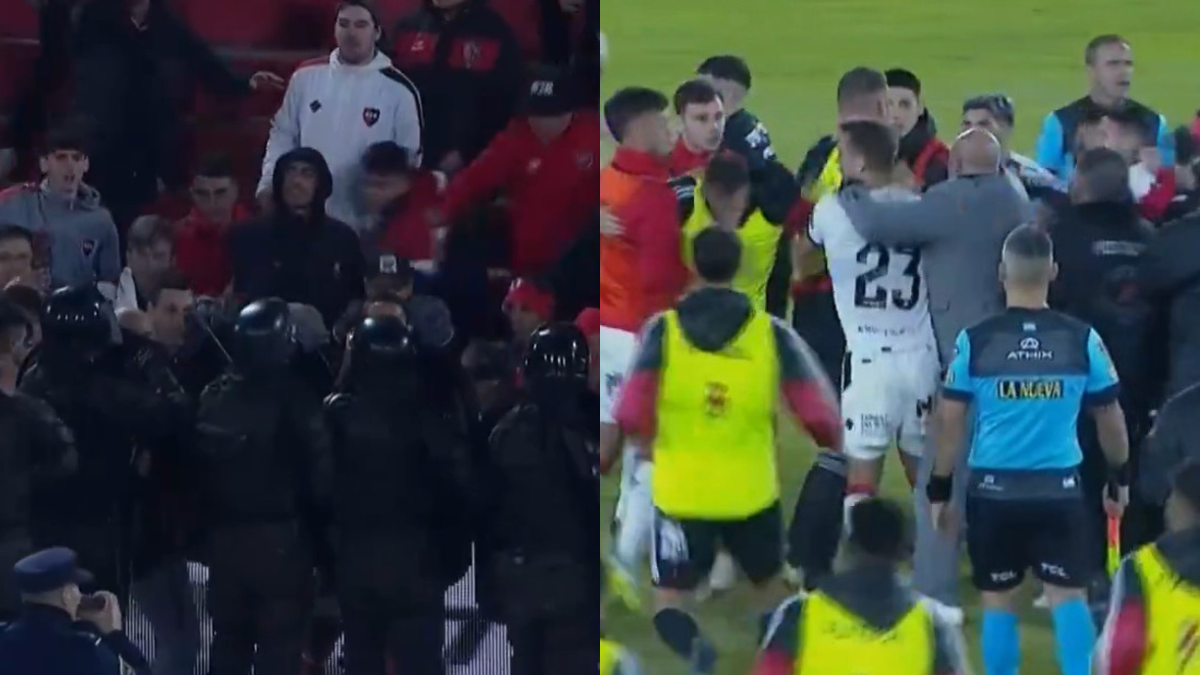 Batalla campal en el final de Riestra y Newells por el partido de Copa Argentina.