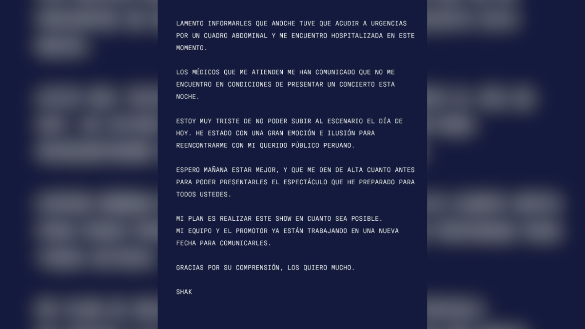 El mensaje de Shakira tras la cancelación de su show en Perú. El mensaje de Shakira tras la cancelación de su show en Perú.