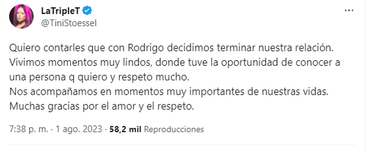 El mensaje de Tini Stoessel tras confirmar su separación de Rodrigo de Paul. El mensaje de Tini Stoessel tras confirmar su separación de Rodrigo de Paul.