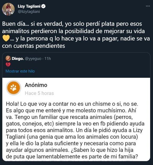 El tuit de Lizy Tagliani 