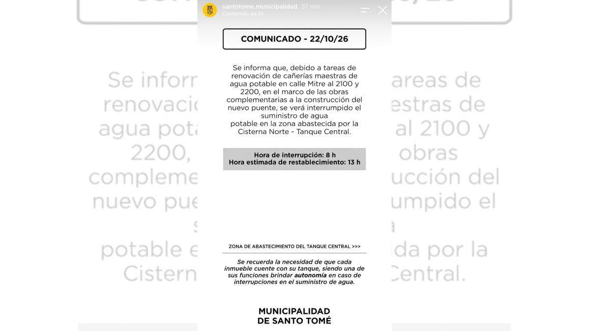 La municipalidad de Santo Tomé comunicó que habrá un corte de agua en la ciudad. La municipalidad de Santo Tomé comunicó que habrá un corte de agua en la ciudad. 