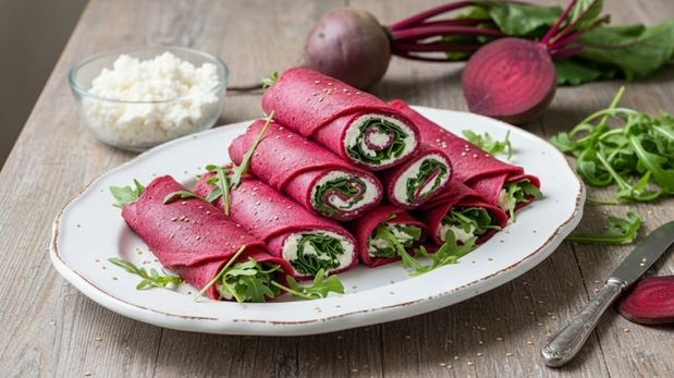 La receta fácil para hacer rollitos de crepes de remolacha con ricotta y rúcula.