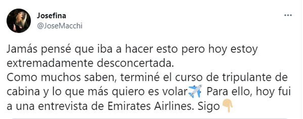 Así comienza el hilo de Twitter donde la joven relata lo que le sucedió en la entrevista. (Foto: Captura Twitter/JoseMacchi)