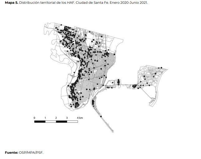 Entre los territorios con acumulaciones más importantes de casos se ubican San Agustín, Yapeyú, Abasto y Nueva Tablada en el extremo noroeste de la ciudad; Barranquitas en el sector centro oeste y Santa Rosa de Lima y San Lorenzo hacia el sudoeste.