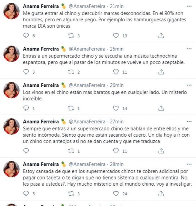 Los polémicos tuits de Anamá Ferreira sobre los supermercados chinos