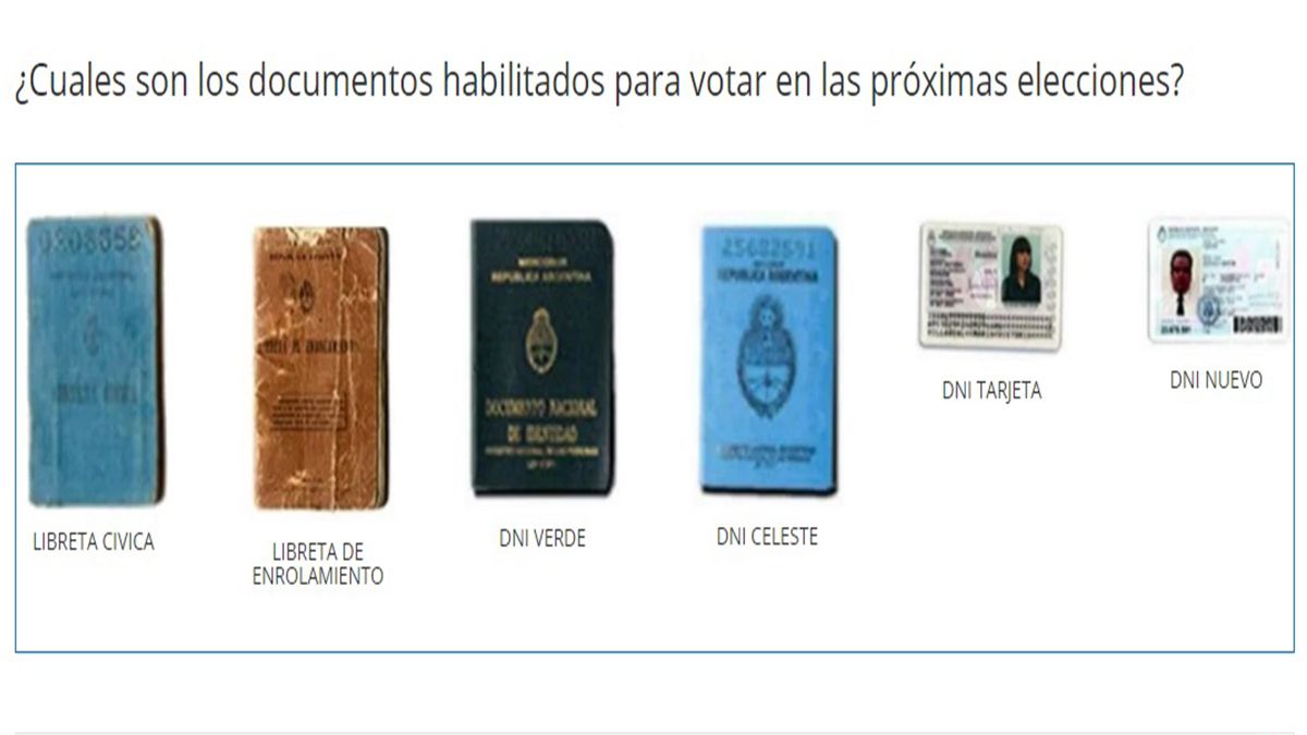 Los ciudadanos habilitados para votar podrán hacerlo tanto con el nuevo DNI tarjeta como con el DNI libreta celeste, el DNI libreta verde, la libreta de enrolamiento y la libreta cívica