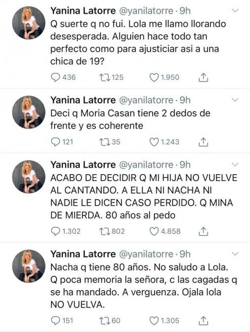 Los tuits de Yanina Latorre contra Nacha Guevara.